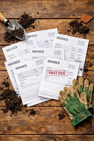 Invoices on Wooden Table with Soil and Gardening Gloves